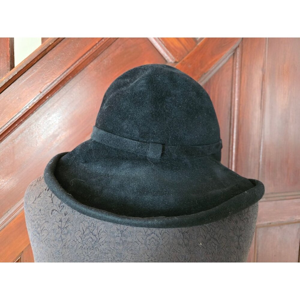 Vintage Gabriela Ligenza Black Felt Hat 60% Rabbit Hair & 40% Wool Made In Italy